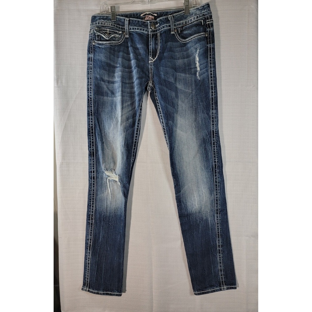 Rerock for Express Women's Dark Blue Mid Rise Distressed Skinny Jeans 14